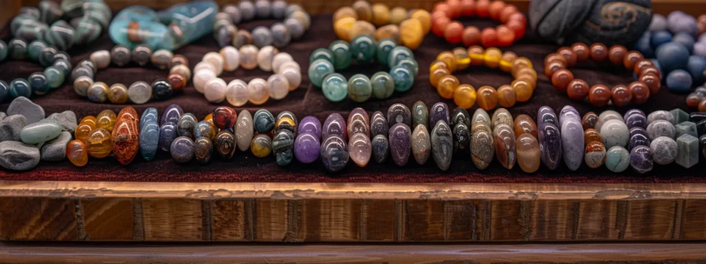 a display of various natural gemstone bracelets on a velvet tray.